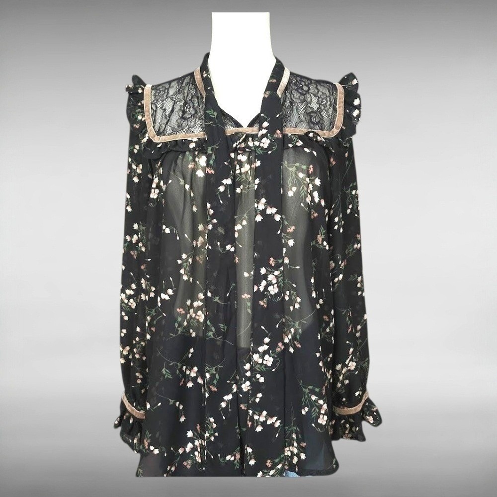 Goth Romantic Sheer Floral Lace Blouse Ruffle Tie Neck Cottage Boho Womens S